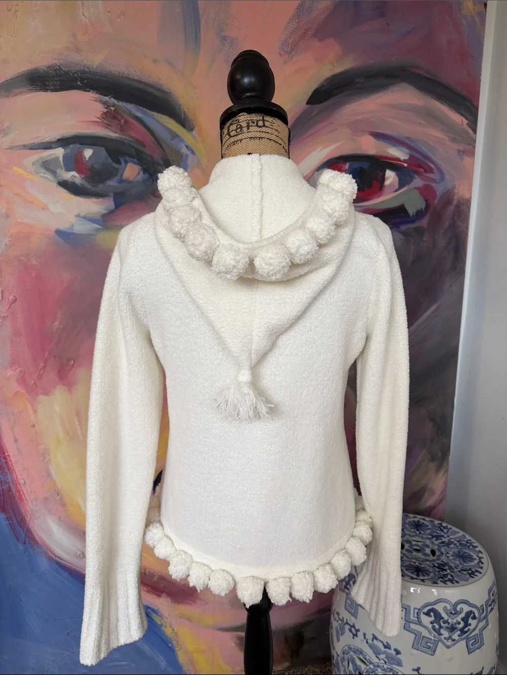 GAP Girl’s XXL Cream Bouclé Hooded Jacket with Pom Trim